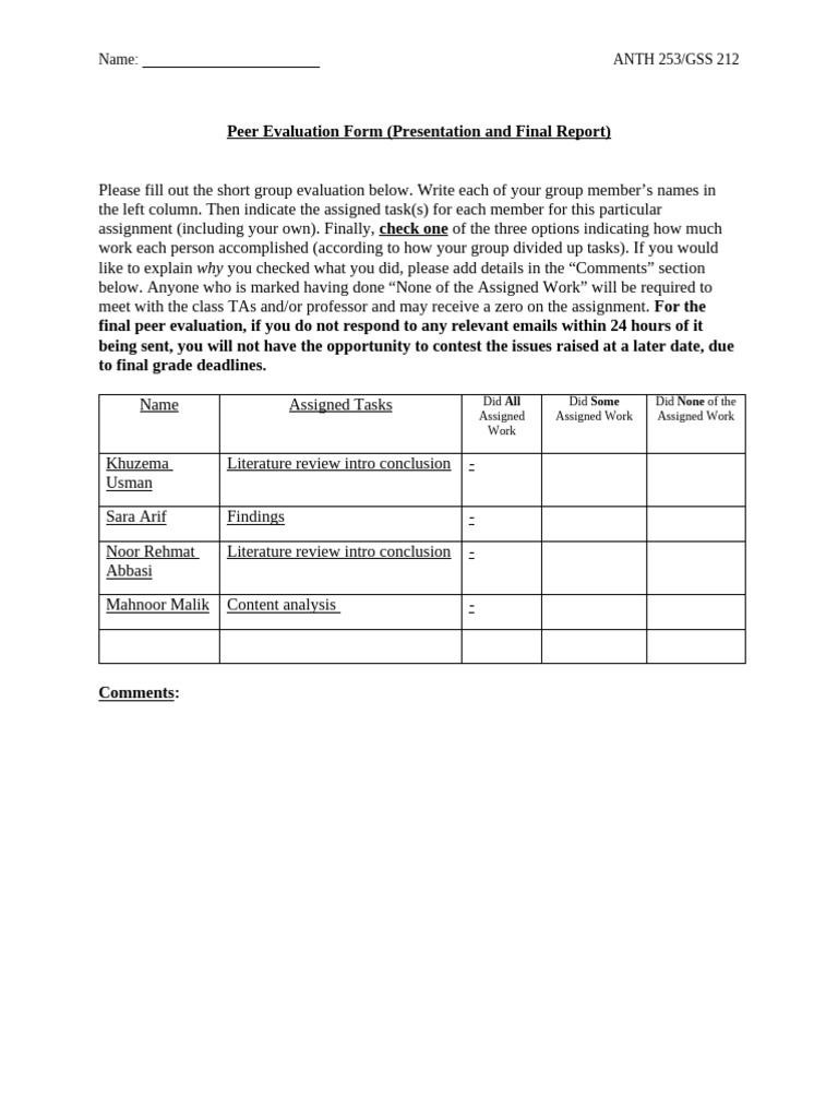 Final Peer Evaluation Form | PDF