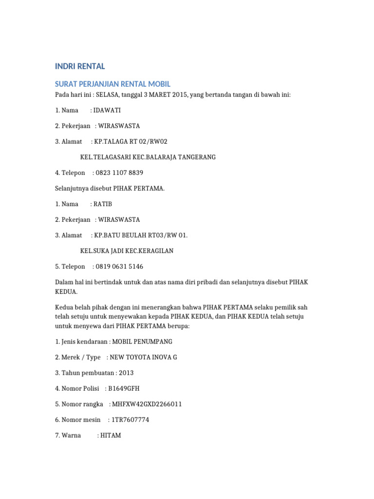Perjanjian Rental Mobil Toyota Inova | PDF