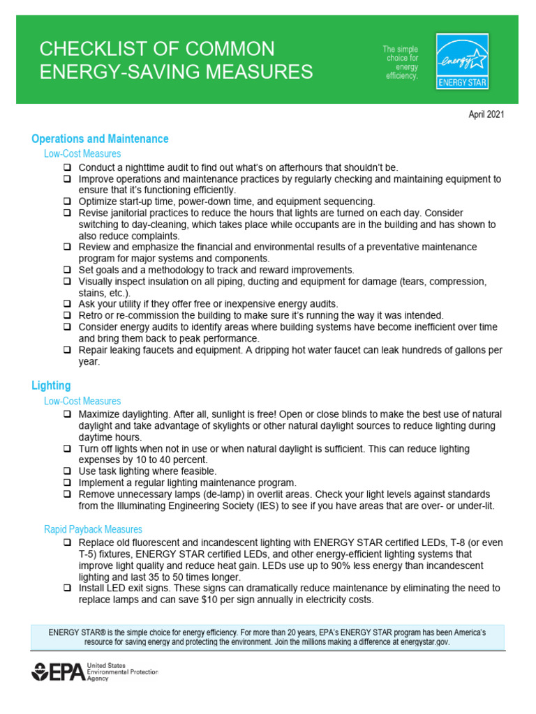 Checklist of Common Energy Saving Measures 2021 | PDF | Lighting | Air ...