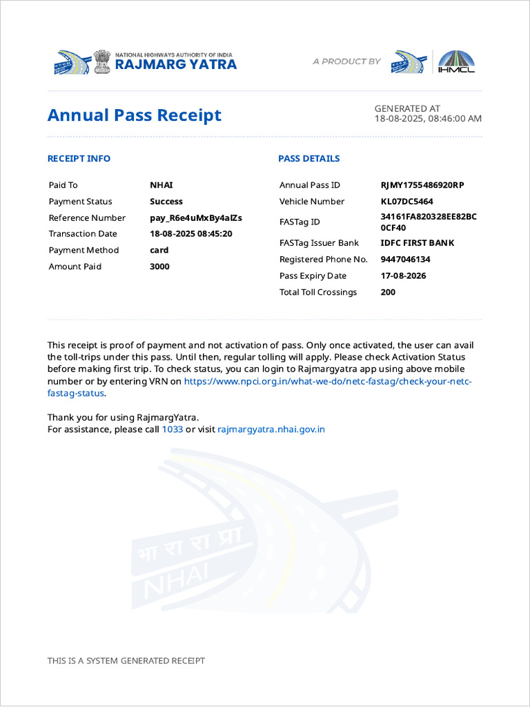 Annual FASTag Pass Payment Receipt | PDF