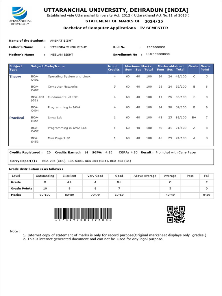 BCA IV Semester Marks Statement 2024 | PDF | Software | Computer ...
