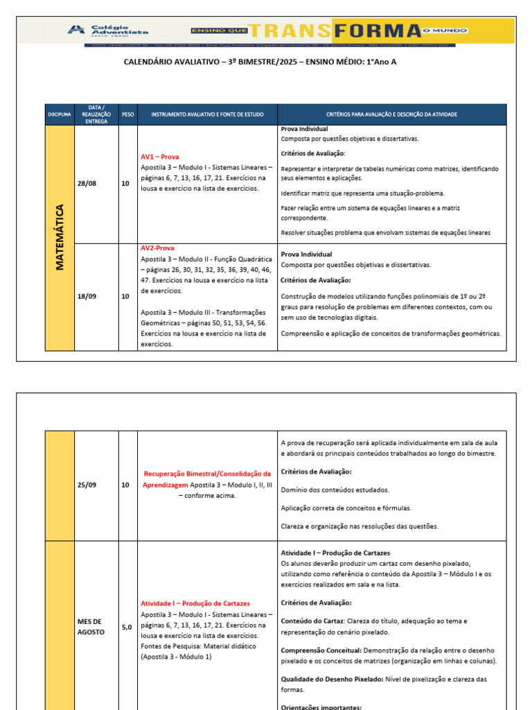 1ºA Calendário Avaliativo - 3ºbim | PDF | Ginástica | Revisão