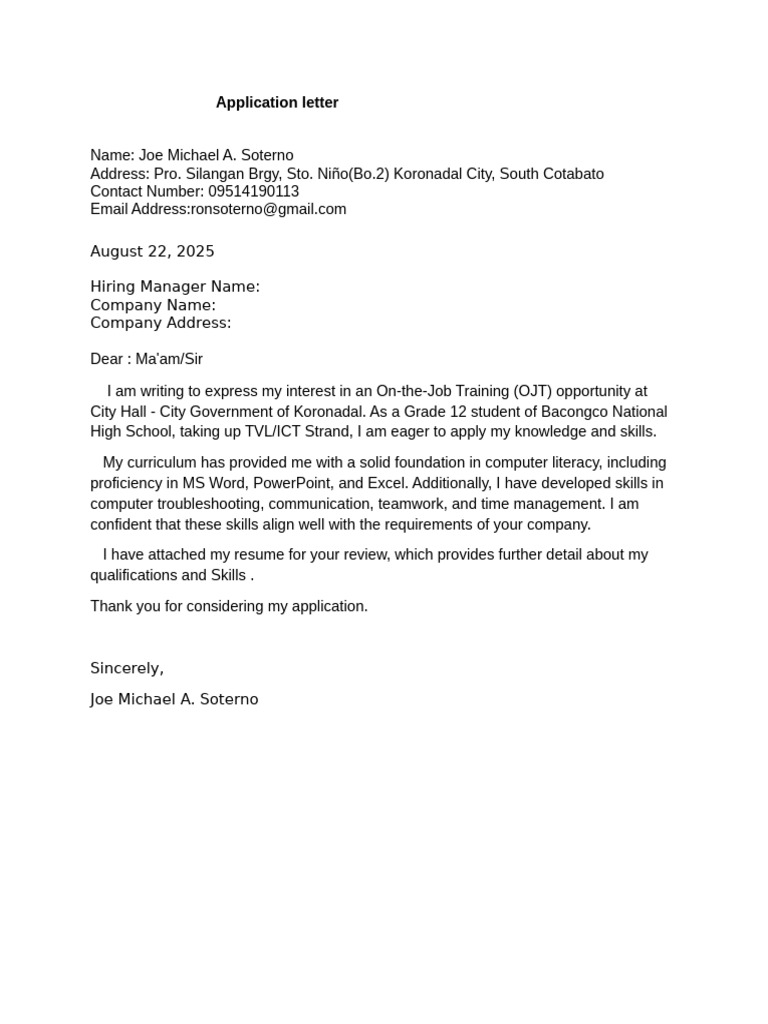 OJT Application Letter for City Hall | PDF