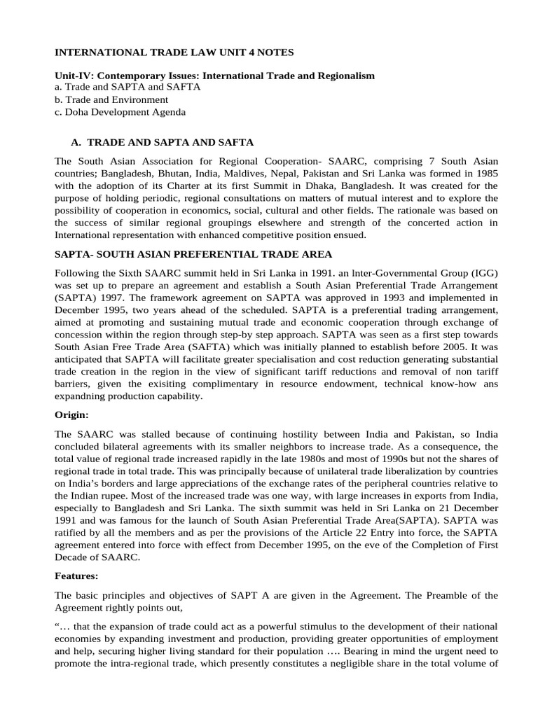 International Trade Law: SAPTA Overview | PDF | Doha Development Round ...