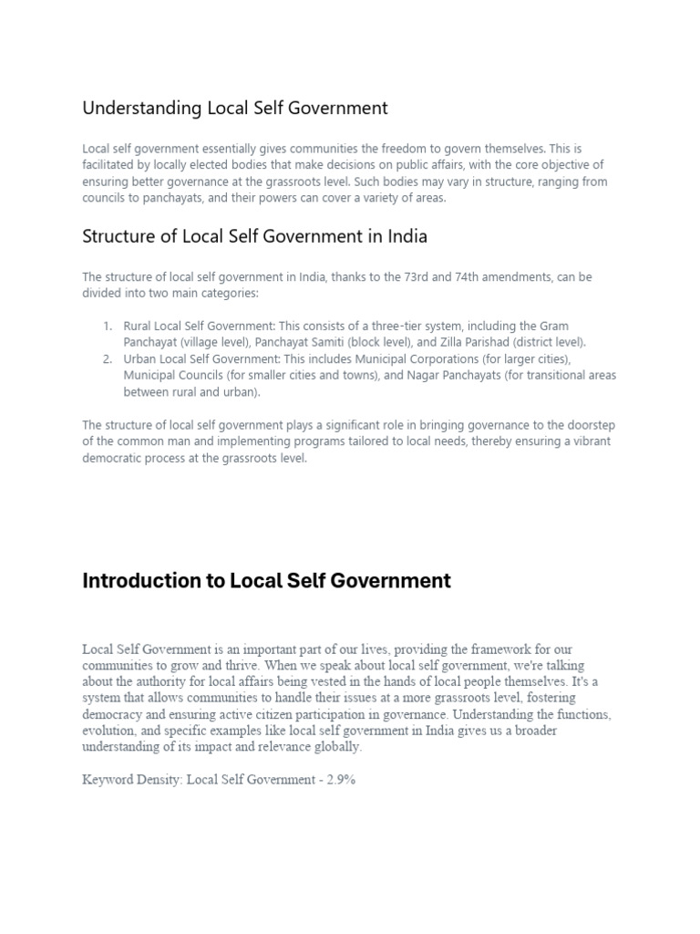 Local Self Government in India Explained | PDF | Government | Governance