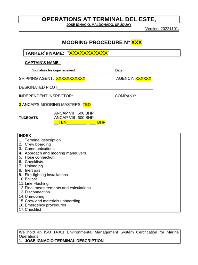Terminal Del Este Tanker Mooring Guide | PDF | Oil Tanker | Shipping