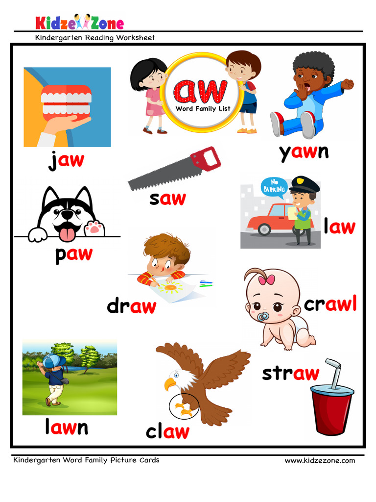 Aw Word Family Picture Card Worksheet | PDF