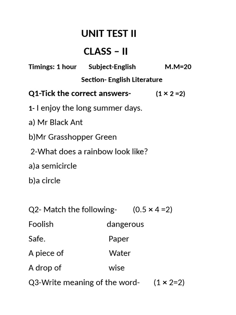 Class II English Unit Test II | PDF