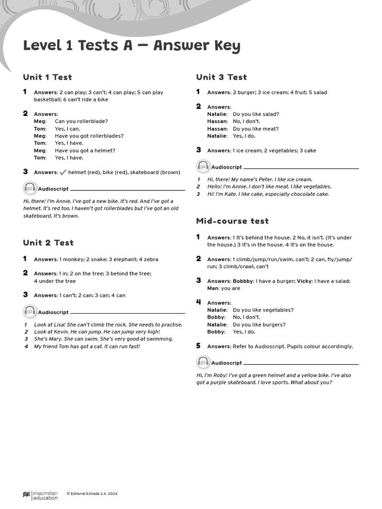 Level 1 English Tests Answer Key | PDF | Sneakers