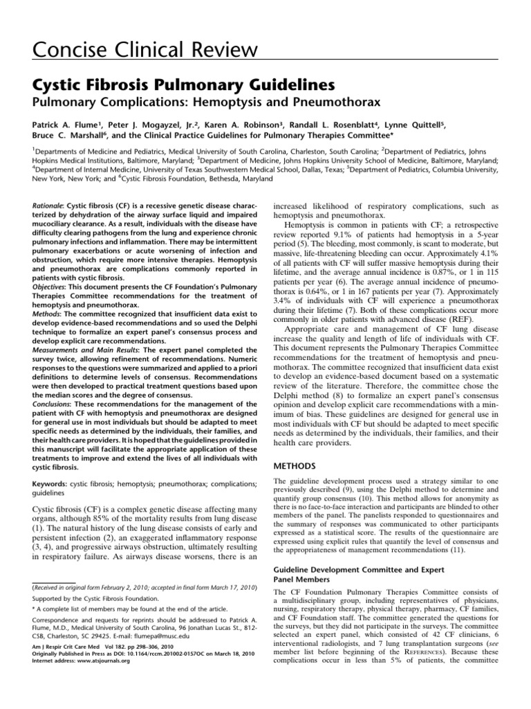 Cystic Fibrosis: Hemoptysis & Pneumothorax Guidelines | PDF ...