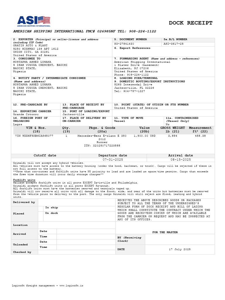 American Shipping International Dock Receipt | PDF | Cargo | Supply ...