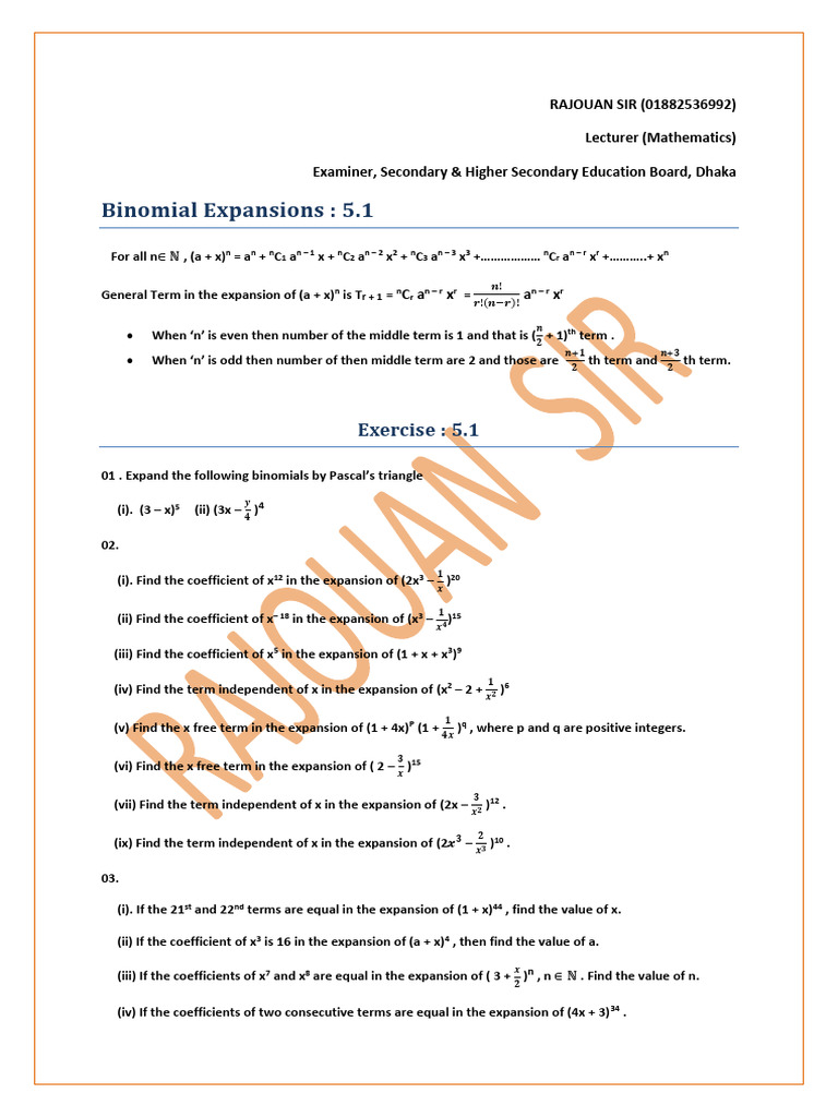 Lecture of Binomial Expansions 5.1 | PDF | Mathematics | Elementary ...