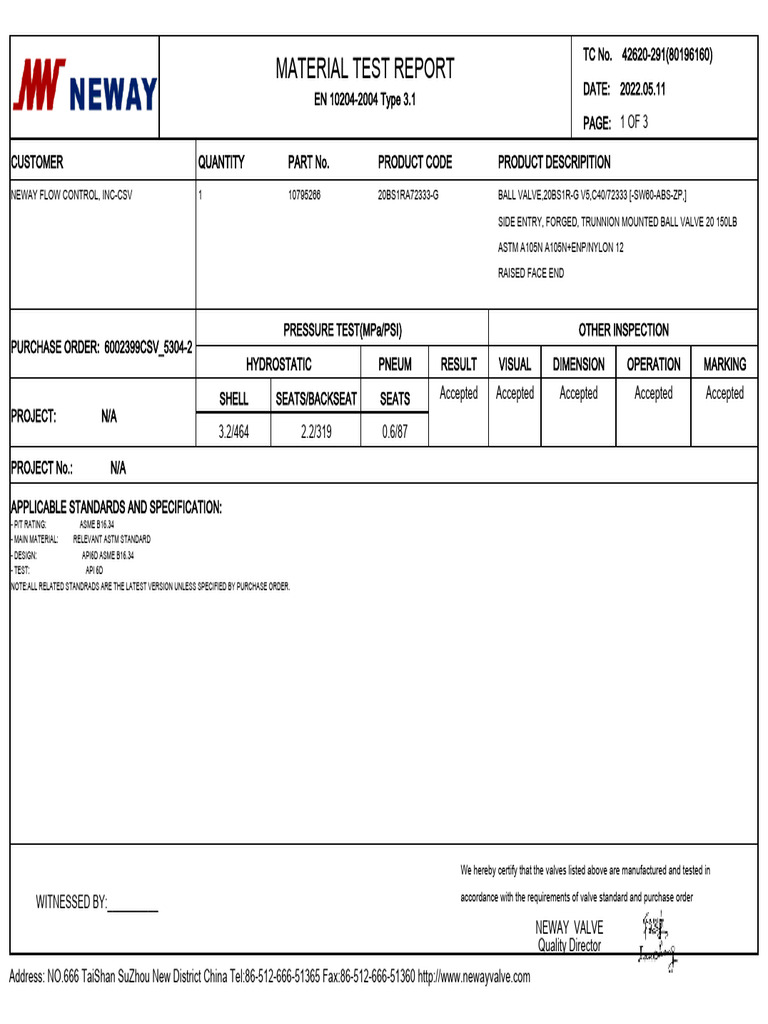 Material Test Report for Ball Valve | PDF | Mechanical Engineering