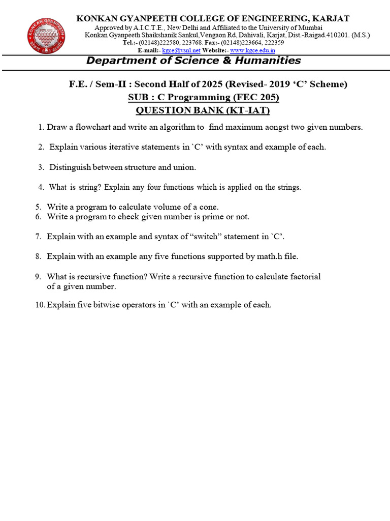 C Programming Question Bank for F.E. Sem-II | PDF