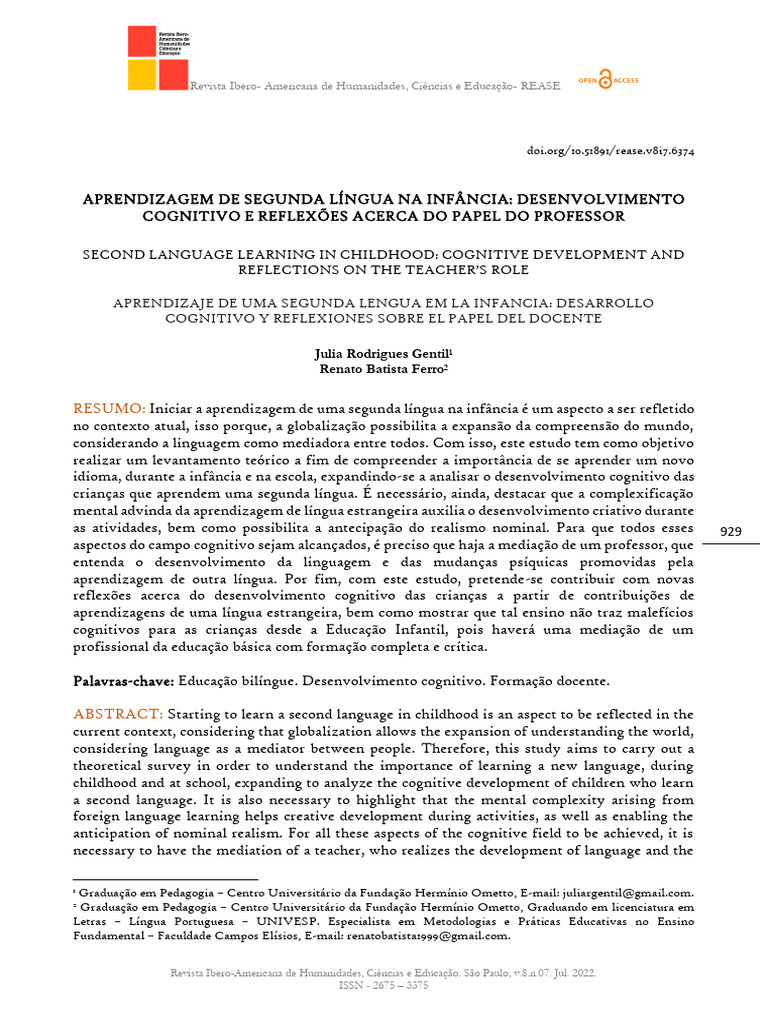 Aprendizagem Bilíngue e Desenvolvimento Infantil | PDF | Aprendizado ...