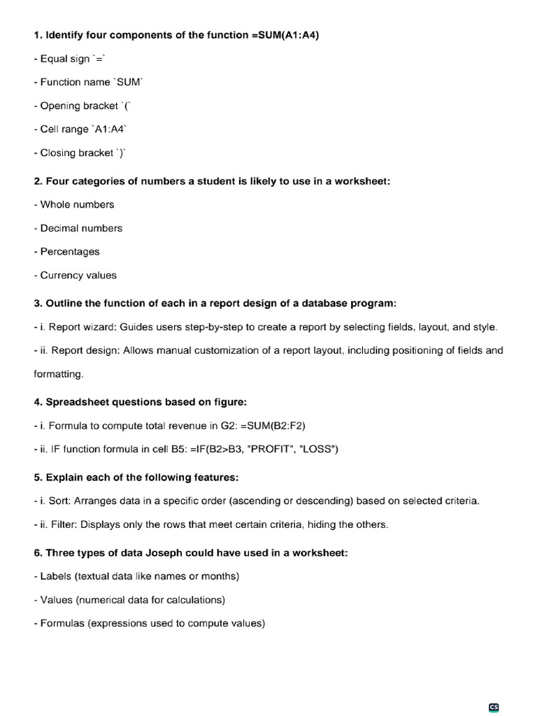 Spreadsheet Questions Answers | PDF