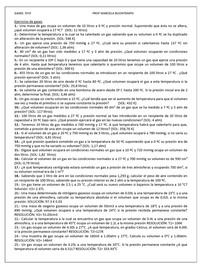 Ejercicios de Gases: Problemas y Soluciones | PDF | Gases | Celsius