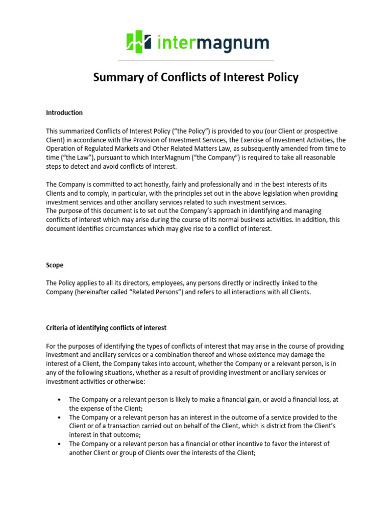 Conflicts of Interest Policy Summary | PDF | Conflict Of Interest ...