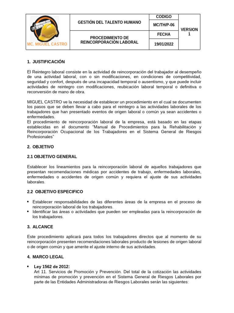 MC-TH-P-06 PROCEDIMIENTO DE REINCORPORACIÓN LABORAL | PDF