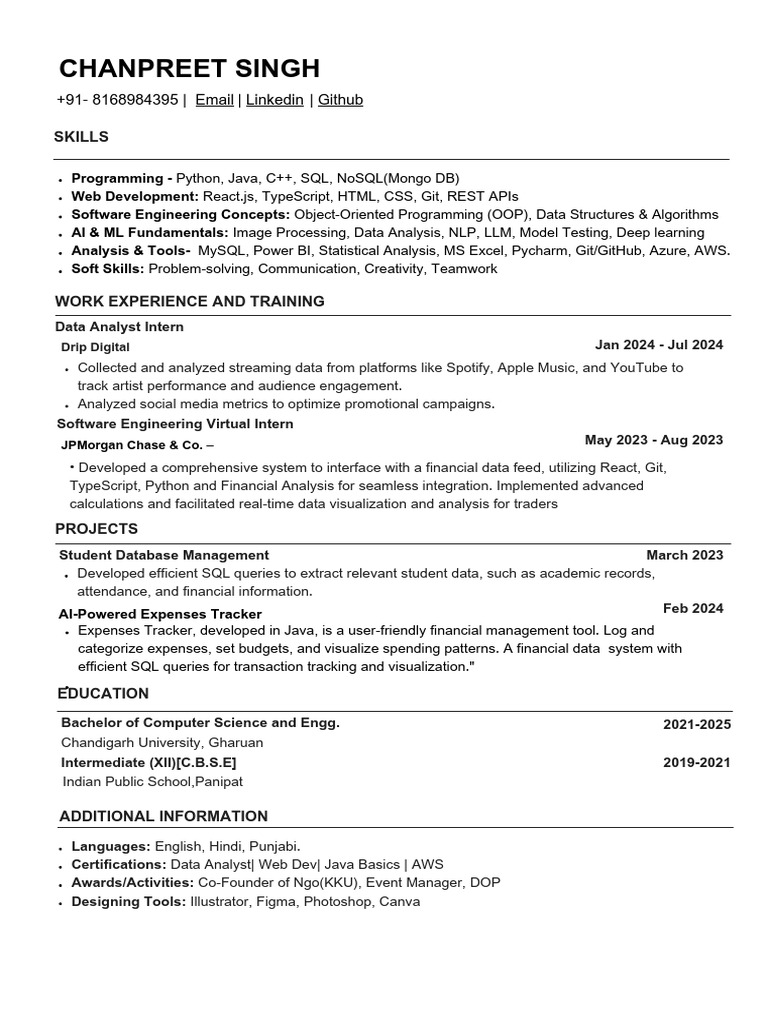 Chanpreet Singh: Software Engineer & Data Analyst | PDF