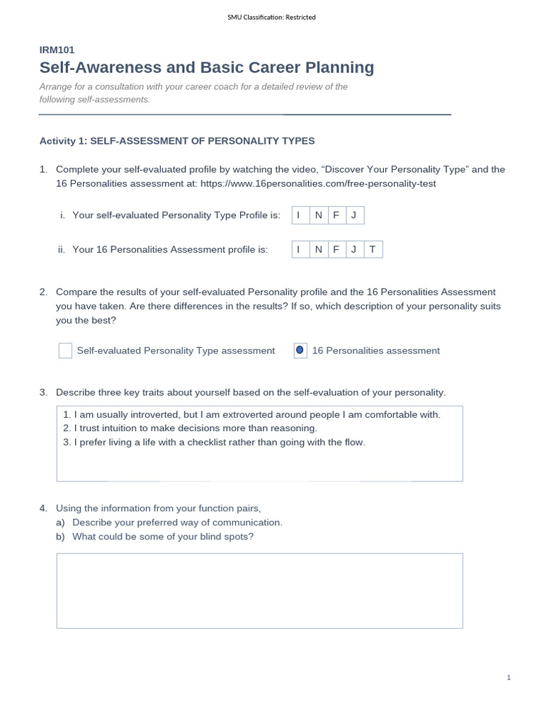 Self-Awareness and Basic Career Planning Worksheet | PDF | Extraversion ...