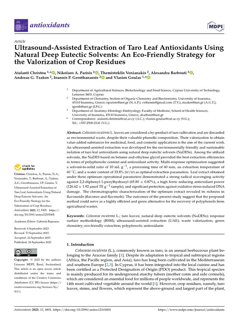 Eco-Friendly Taro Leaf Antioxidant Extraction | PDF | High Performance ...