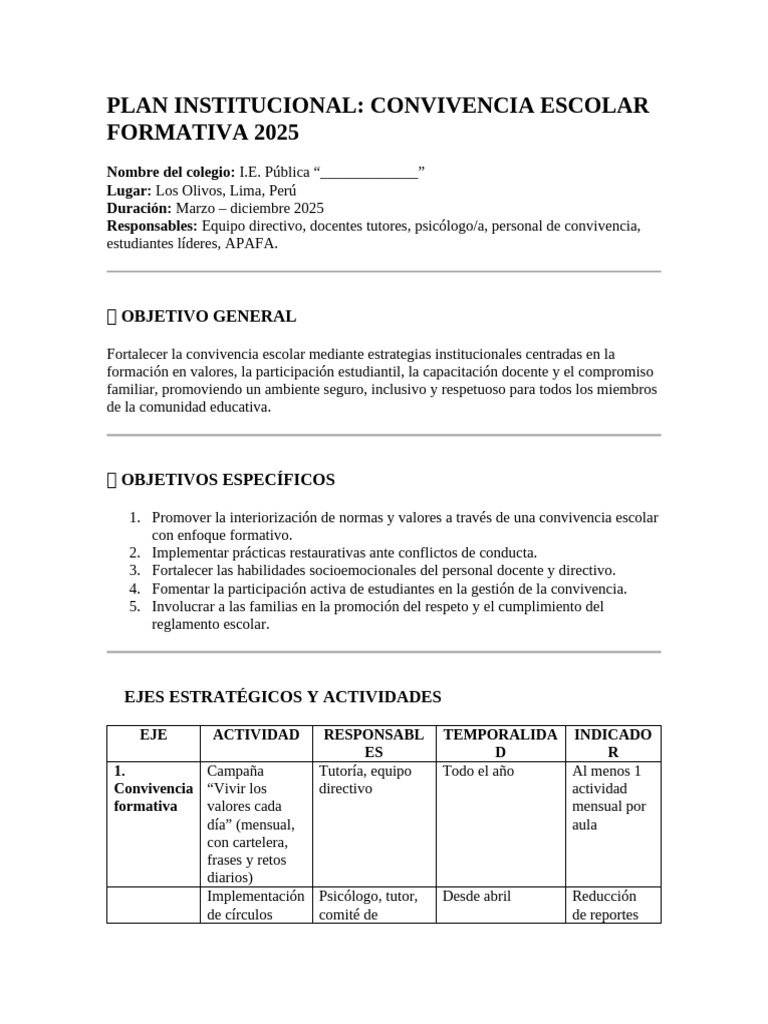 Plan de Convivencia Escolar 2025 | PDF | Maestros