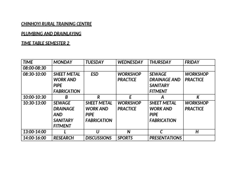 Chinhoyi Rural Training Centre Plumbing Timetable | PDF