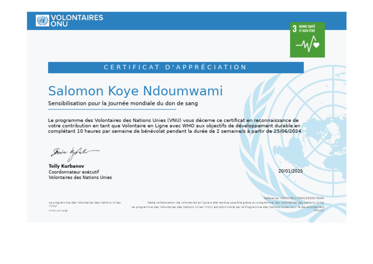 Certificat de Bénévolat ONU - Salomon Koye | PDF