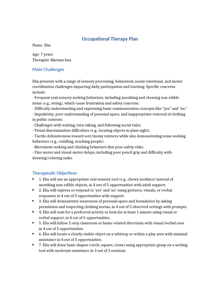 Occupational Therapy Plan for Elia | PDF | Sensory Processing Disorder ...