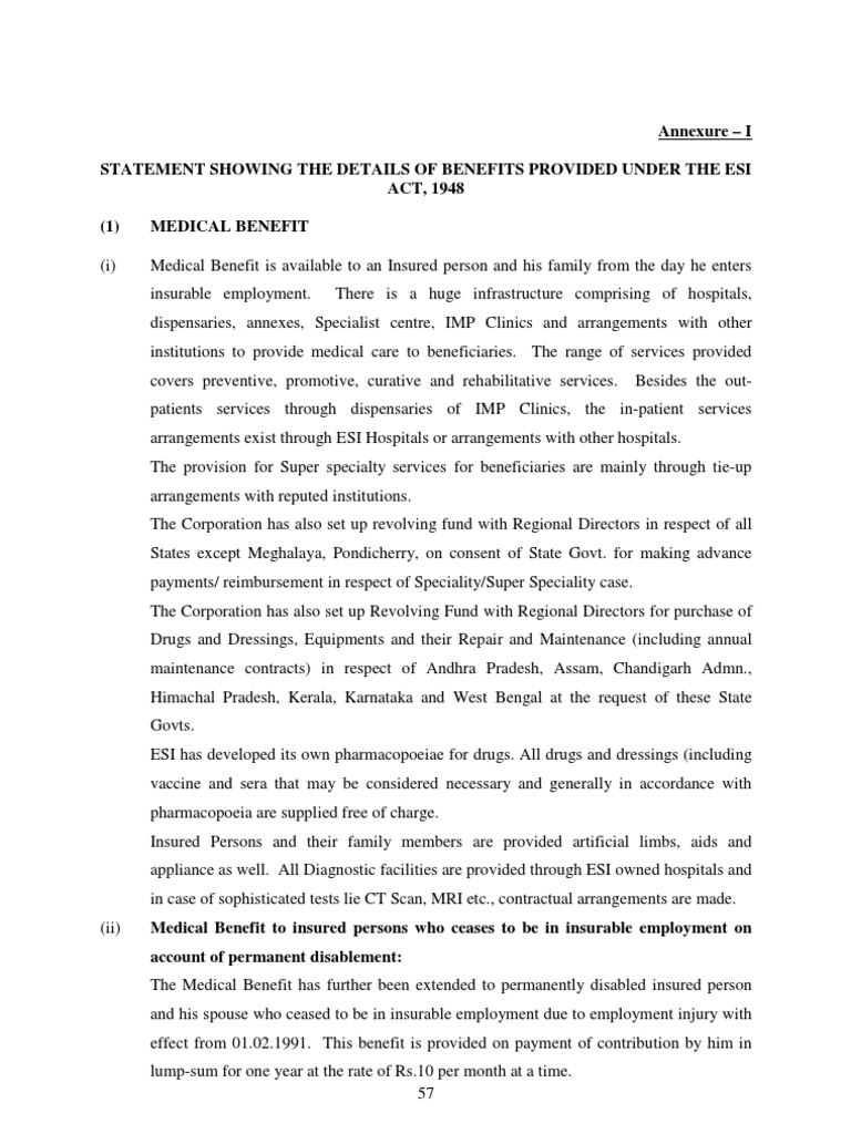 Note On ESI - Benefits | PDF | Welfare | Pension