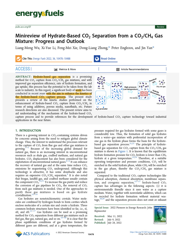 Wu Et Al 2022 Minireview of Hydrate Based Co2 Separation From A Co2 Ch4 ...