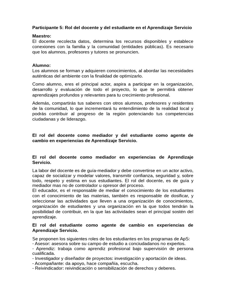 Roles en Aprendizaje Servicio: Docente y Estudiante | PDF | Maestros ...