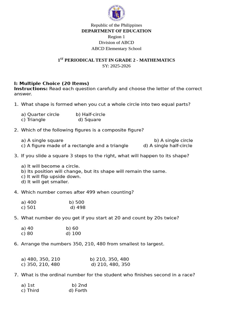 MATHEMATICS - 1st Periodical Test | PDF | Numbers | Shape