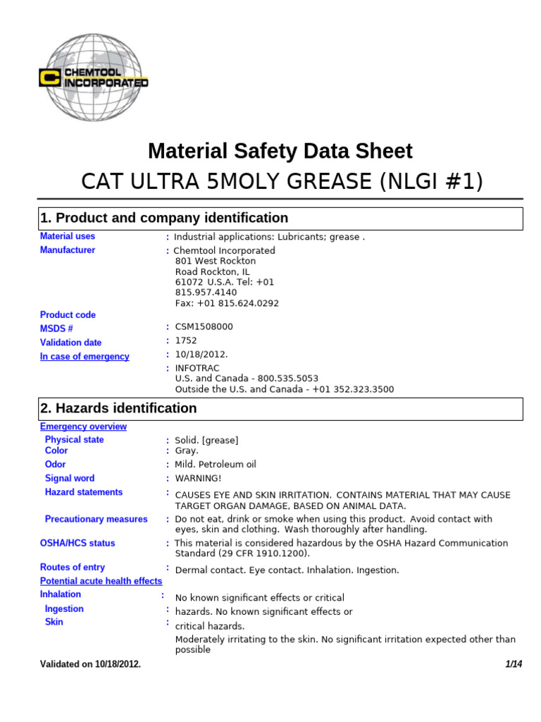 CAT Ultra 5Moly Grease MSDS Summary | PDF | Toxicity | Occupational ...
