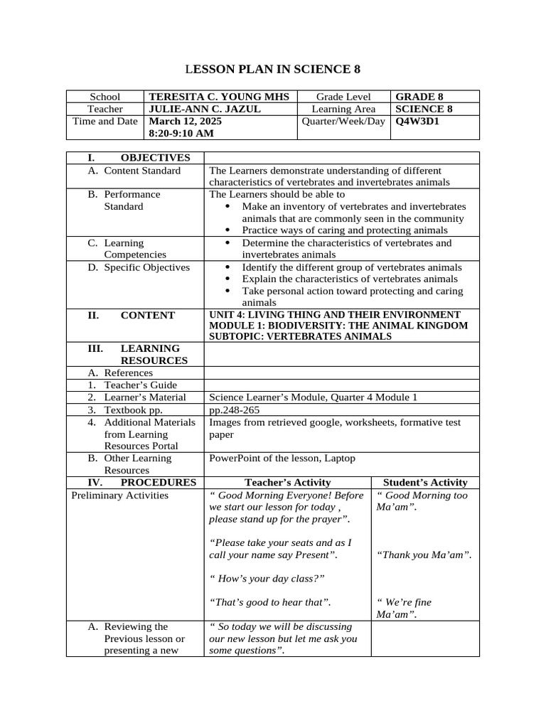 Vertebrates and Invertebrates Lesson Plan | PDF | Vertebrates | Zoology