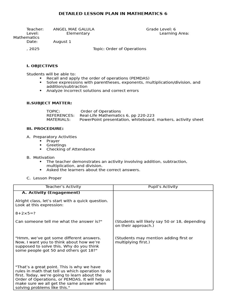 Order of Operations Lesson Plan | PDF | Multiplication | Learning
