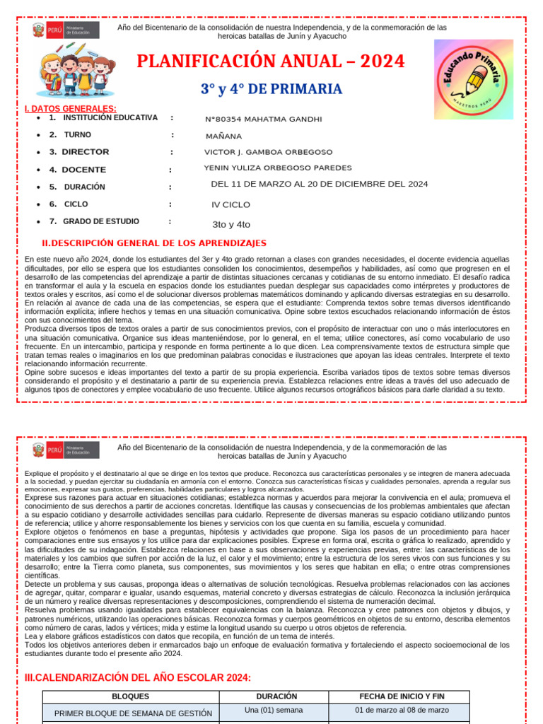 3° Plan Anual 2024 Del Tercer Grado de Primaria | PDF | Geometría | Datos
