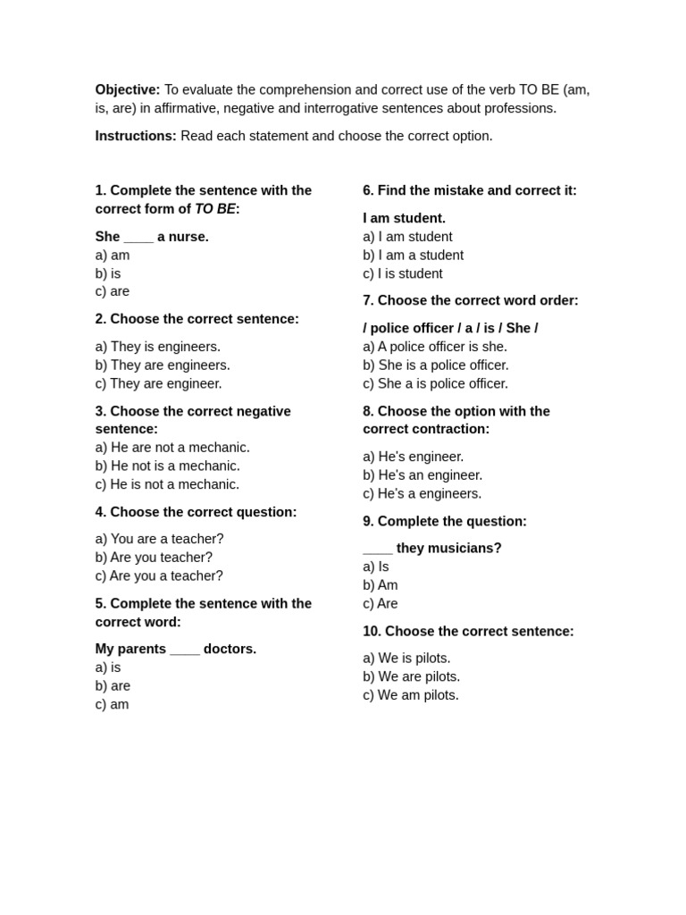 Reactivos - The Verb To BE and Professions | PDF