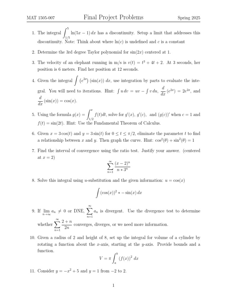 MAT 1505 Final Project Problems Guide | PDF | Mathematical Analysis ...