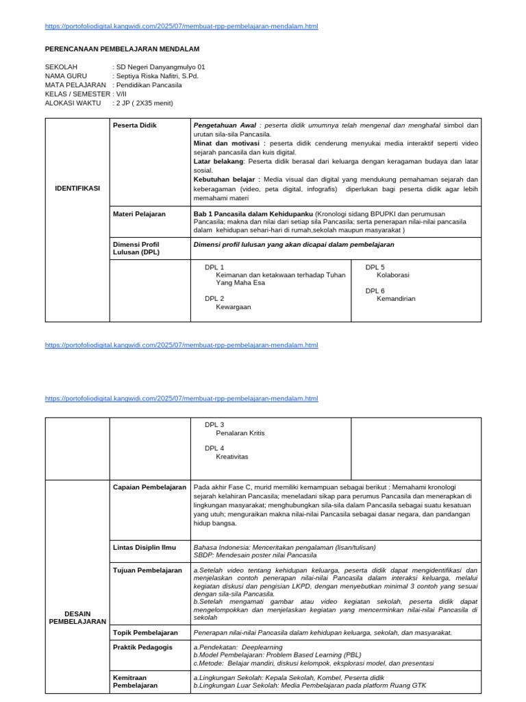 Template - RPP Pembelajaran Mendalam | PDF