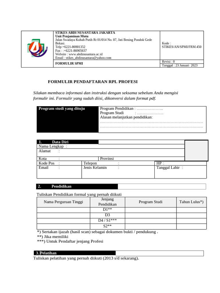 Formulir Pendaftaran RPL Profesi STIKES | PDF
