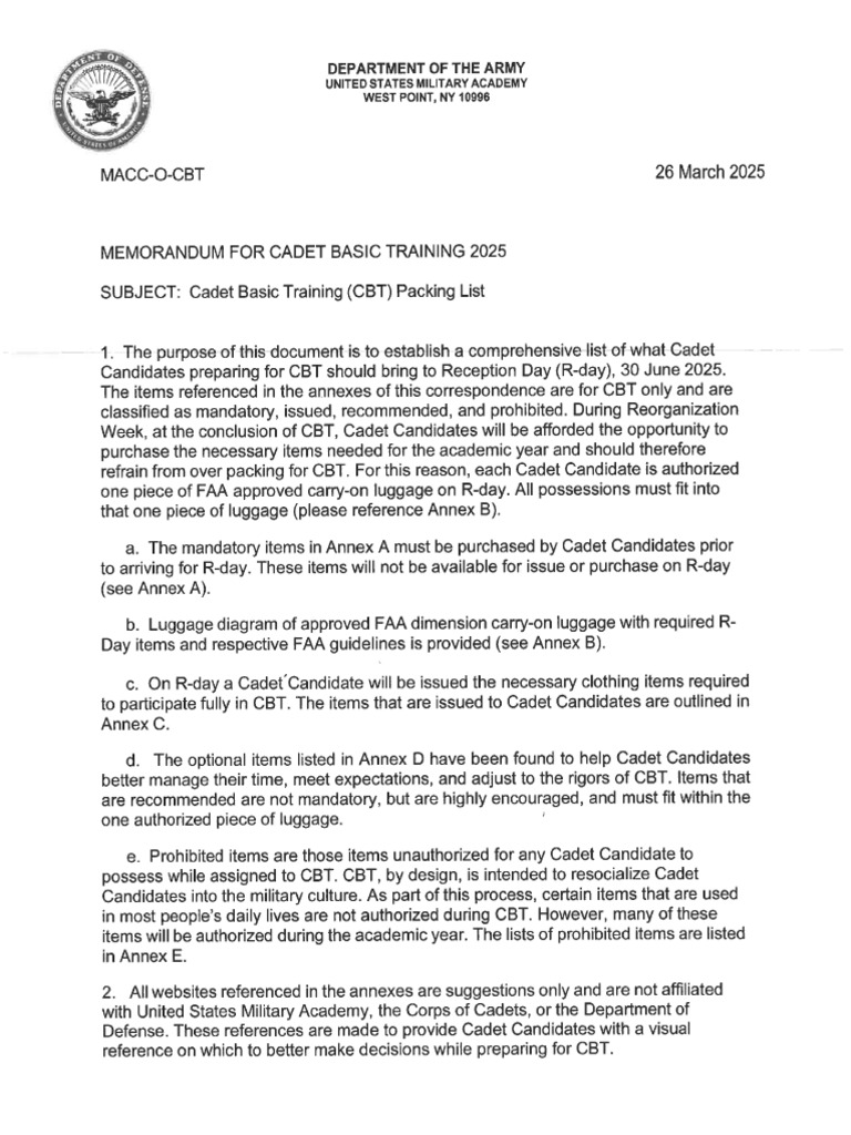 2025 Cadet Basic Training Packing List | PDF