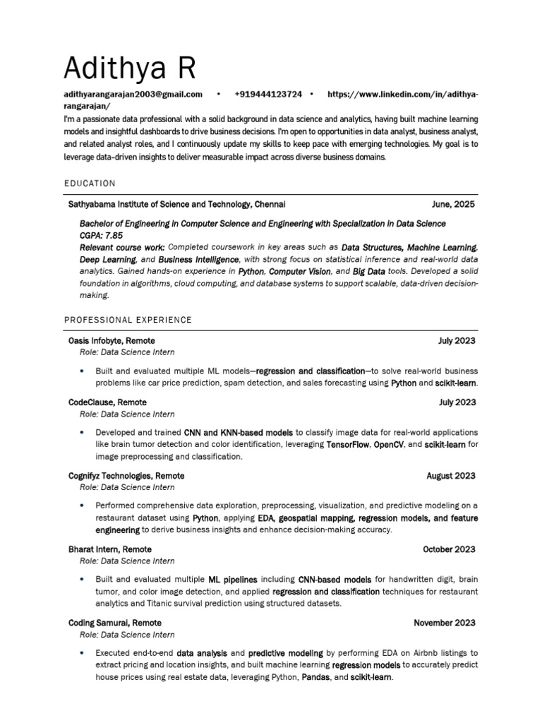 Data Science Intern Profile and Skills | PDF | Machine Learning | Data ...