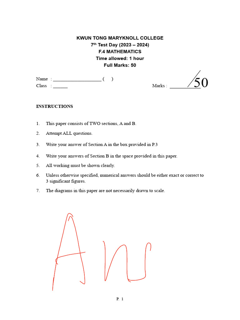 F.4 Mathematics 7th Test Paper 2023-2024 | PDF | Theoretical Computer ...