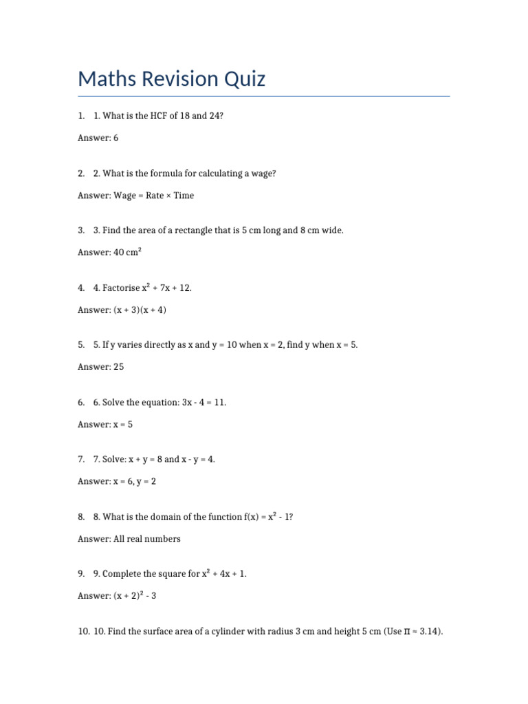 Maths Revision Quiz Questions & Answers | PDF