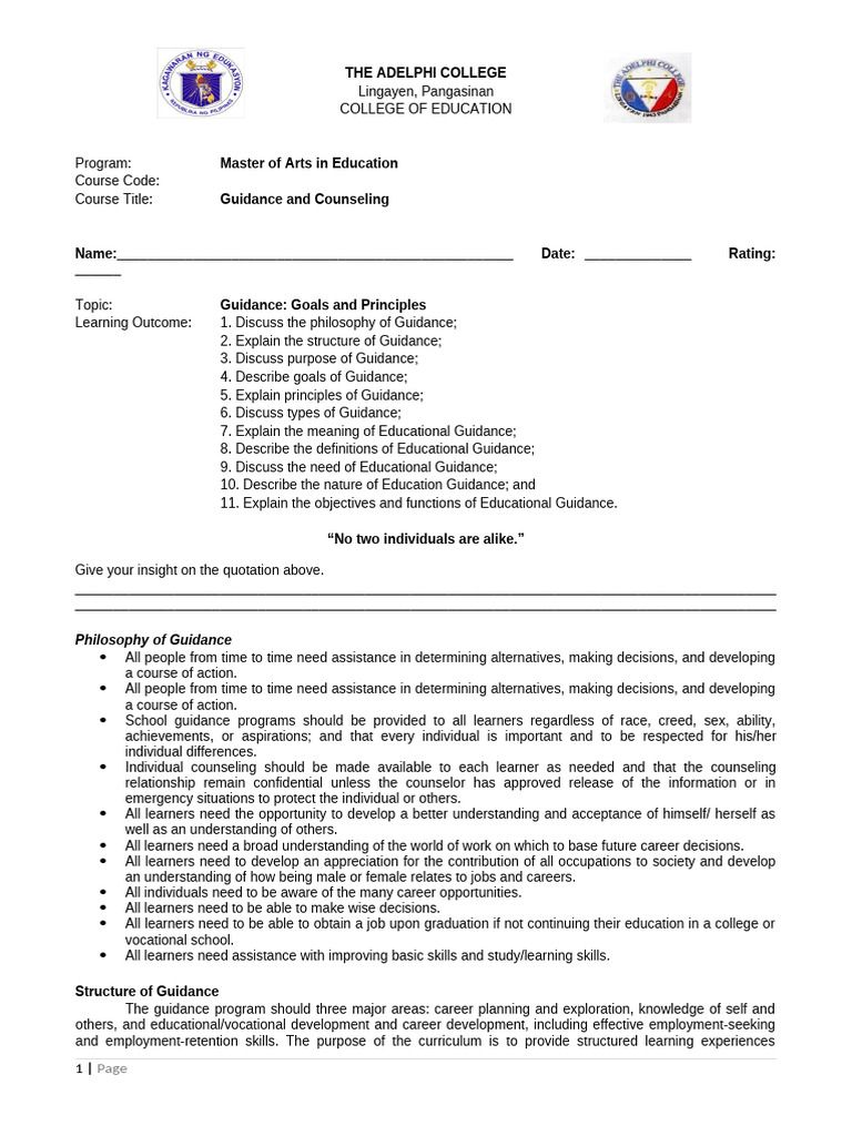 Guidance and Counseling Principles | PDF | Learning | Vocational Education