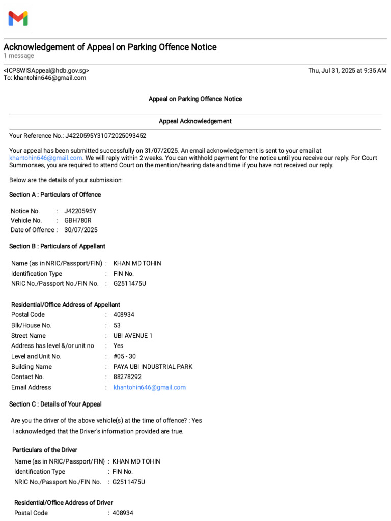 Gmail - Acknowledgement of Appeal On Parking Offence Notice | PDF