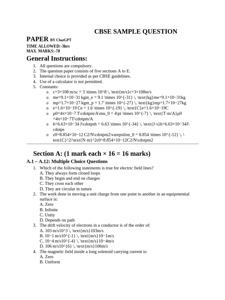 CBSE Sample Question Paper 2023 | PDF | Capacitor | P–N Junction