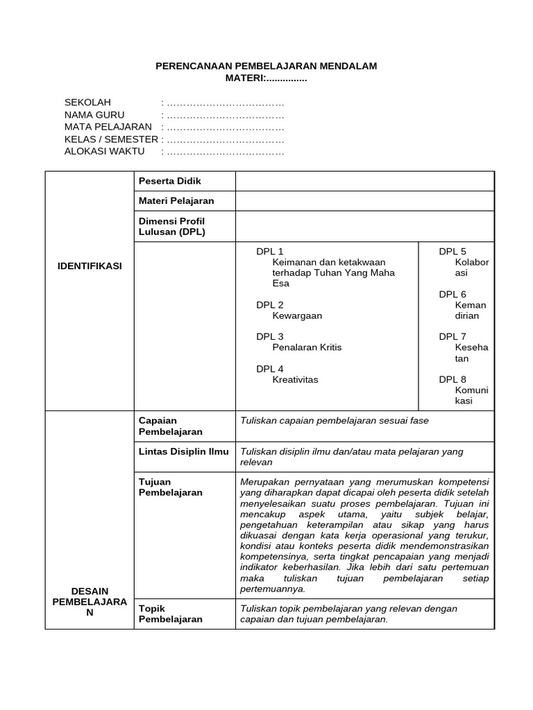 Template - RPP Pembelajaran Mendalam | PDF